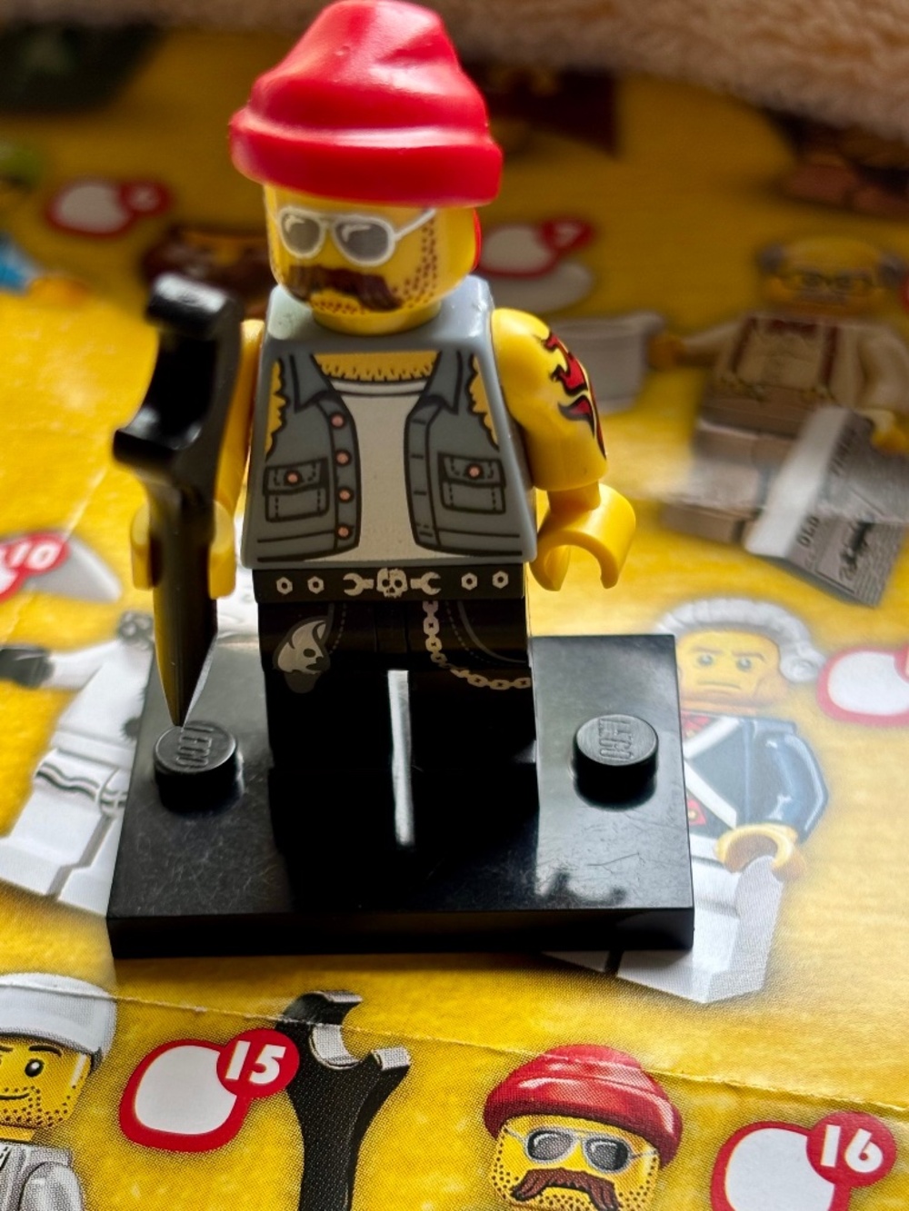 Motorcycle Mechanic LEGO Series 10 minifigure with Stand and Accessories. EUC.